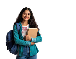 Portrait of a happy young Indian female student holding a book and wearing a backpack, ready for college or university, isolated on transparent background