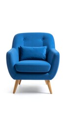 Fototapeta premium A vibrant blue armchair with light wood legs and a matching pillow, isolated on a white background