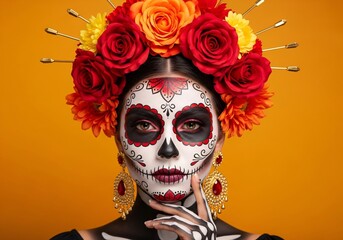 Stunning sugar skull makeup with vibrant floral headdress