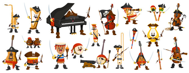 Cartoon musical instruments pirate and corsair characters. Funny guitar, piano, drum and saxophone pirate captains and sailors vector personages with swords. Music orchestra instrument characters
