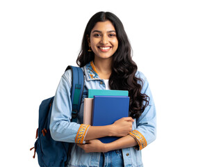 Portrait of a happy young Indian female student holding a book and wearing a backpack, ready for college or university, isolated on transparent background