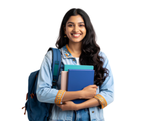 Portrait of a happy young Indian female student holding a book and wearing a backpack, ready for college or university, isolated on transparent background
