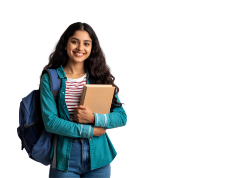 Portrait of a happy young Indian female student holding a book and wearing a backpack, ready for college or university, isolated on transparent background