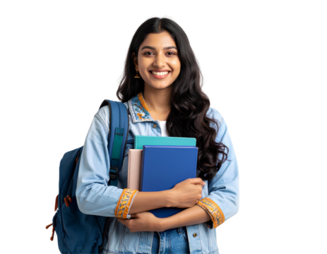 Portrait of a happy young Indian female student holding a book and wearing a backpack, ready for college or university, isolated on transparent background