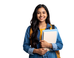 Portrait of a happy young Indian female student holding a book and wearing a backpack, ready for college or university, isolated on transparent background