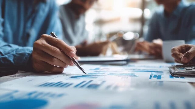 Actuary collaborating with team discussing predictive analytics and claim trends while crossreferencing risk tables to refine insurance product pricing models.