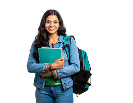 Portrait of a happy young Indian female student holding a book and wearing a backpack, ready for college or university, isolated on transparent background