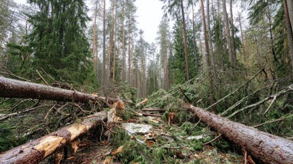 Fototapeta premium Storm damage is evident as fallen trees block a trail in a dense forest. The area is surrounded by tall pines under overcast skies, highlighting nature's power and resilience.