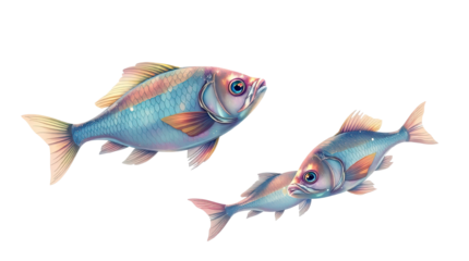 Two vividly colored fish swim side by side their scales shimmering in the light highlighting the beauty of aquatic life in a tranquil underwater setting