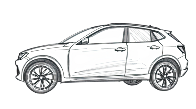 A detailed outline of a compact SUV features smooth curves and sharp angles illustrating modern design