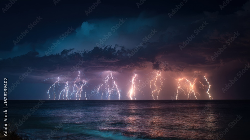 Poster intense flashes of lightning create a stunning display across the dark ocean, reflecting the power o