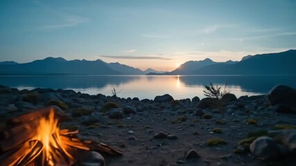 sunset lakeside camping campsite tent view lake mountains campfire - Powered by Adobe