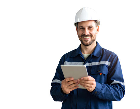 Smiling male technician holding digital tablet, isolated on transparent background, representing modern industry and maintenance concept - Powered by Adobe