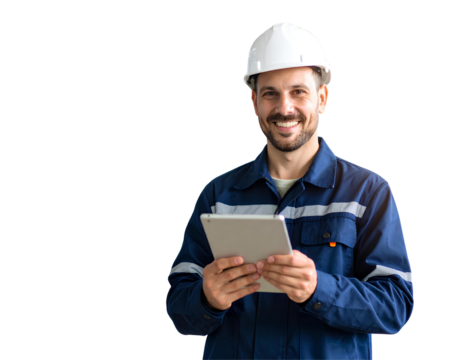 Smiling male technician holding digital tablet, isolated on transparent background, representing modern industry and maintenance concept