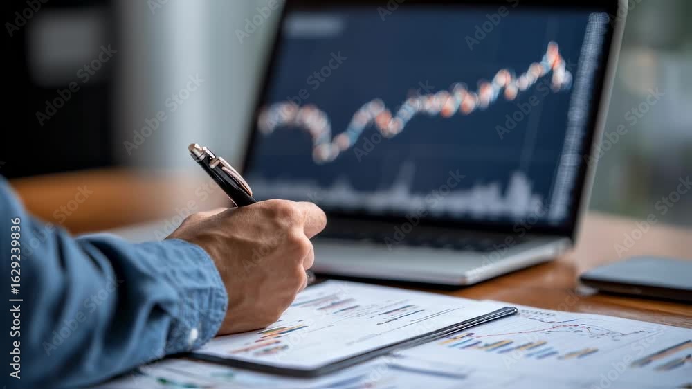 Poster focused economist inputs variables into forecasting software surrounded by economic reports and grap