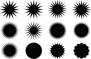 Fototapeta premium Collection of abstract starburst and spiky graphic elements in black on white background