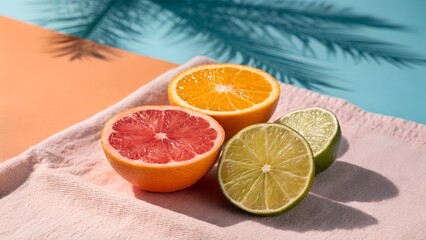 Halved citrus fruits on a white towel with a background of orange and blue with palm tree shadows