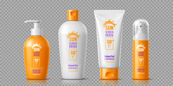 Sunscreen cosmetic cream bottles, skincare protection product mockup in vibrant containers, featuring spf 50 plus labeling. Realistic 3d vector bottles with pump, squeeze, tube and spray bottle types