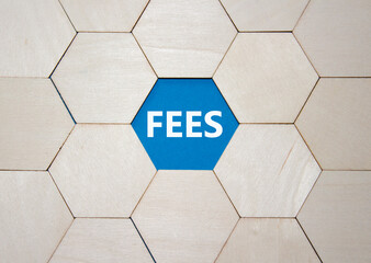Fees symbol. Concept word Fees on wooden comb puzzle. Beautiful blue background. Business and Fees...