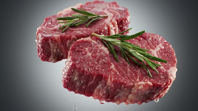 Two Fresh Raw Meat Steaks with Rosemary and Water Droplets Against Gray Backdrop