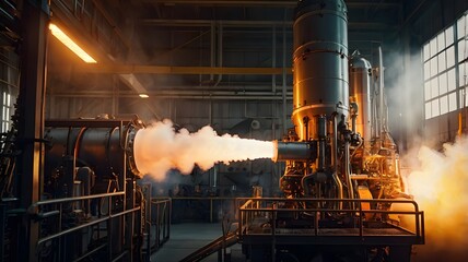Rocket engine test in an industrial facility with smoke and flames