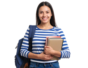 Young beautiful college student with backpack holding a book, isolated on transparent background