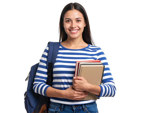 Young beautiful college student with backpack holding a book, isolated on transparent background