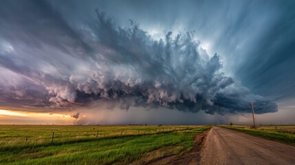 Dark storm clouds loom over vast green fields as the sun sets on the horizon. An unpaved road leads through the countryside, enhancing the dramatic atmosphere.