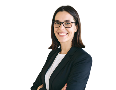 Portrait of a smiling young businesswoman wearing glasses, isolated on transparent background