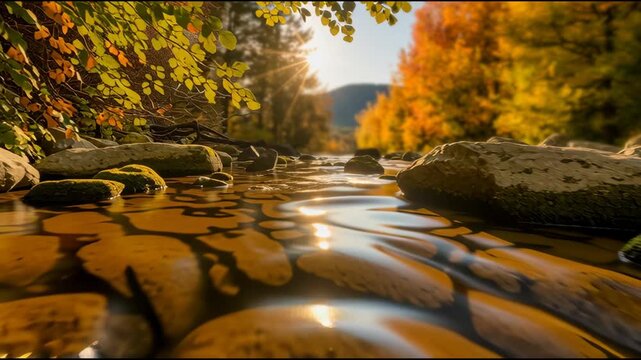 Serene Autumn Landscape Flowing Stream and Vibrant Foliage Under Sunlit Sky with Moss Covered Rocks and Colorful Trees