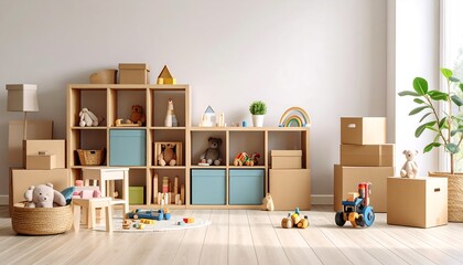 Light-filled room with wooden shelves and toys, partially unpacked moving boxes