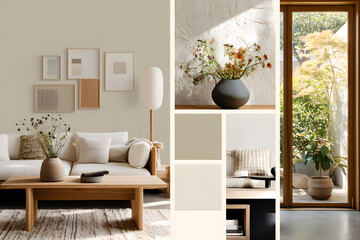 Mood board of a Wabi-Sabi style living room.