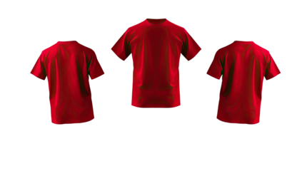 Red t shirts are presented from front back and side views in a studio environment emphasizing their vibrant color and versatile style for casual wear