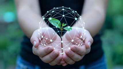 Woman's hands holding a green sprout with a digital network globe, symbolizing sustainable technology and environmental innovation.