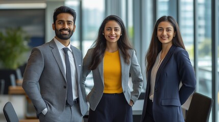 Young Indian professionals confidently posing in bright modern office space