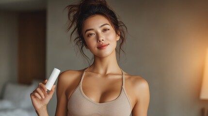 Alluring and intimate indoor portrait of a charismatic young woman with a serene natural expression and a warm inviting smile