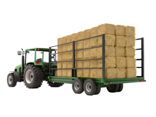 Powerful green tractor hauls stacked hay bales on a trailer ready for harvest season and farm work