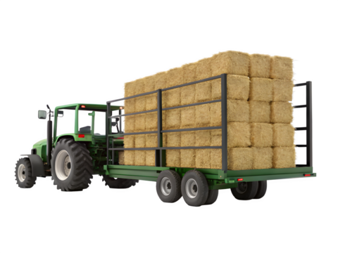 Powerful green tractor hauls stacked hay bales on a trailer ready for harvest season and farm work