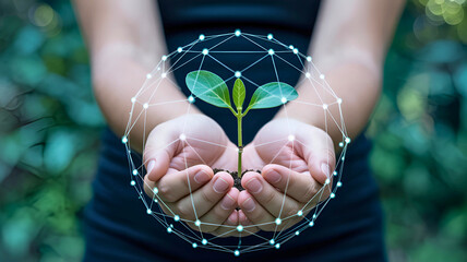 A person nurtures a young plant in their hands, enveloped by a digital network, symbolizing the fusion of nature, technology, and sustainable growth.