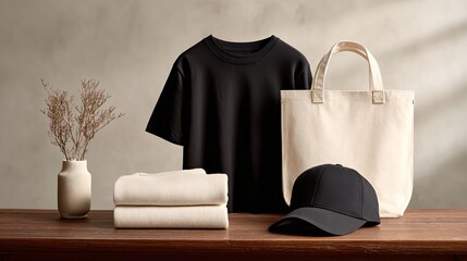 Stylish apparel mockup kit featuring folded t-shirt, baseball cap, and canvas tote bag placed on a contemporary wooden table.