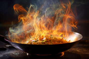 A pan of food is cooking on a stove, with flames shooting out of it