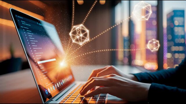 Typing on Laptop with Glowing Geometric Shapes and Digital Connections Symbolizing Data, Technology, and Innovation in Modern Office Setting