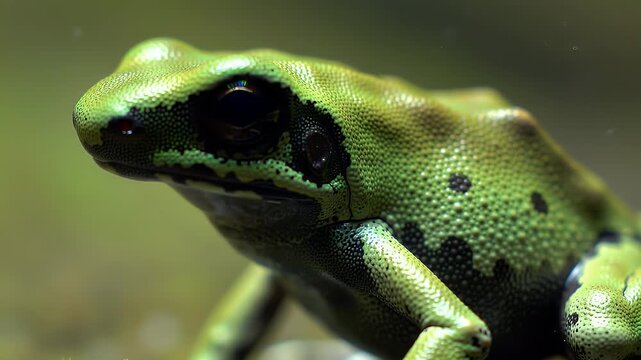 Macro Shot of a Bright Green Poison Dart Frog with Distinct Black Patches on Textured Skin in its Natural Habitat
