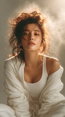 Striking and emotive portrait of a young woman showcasing her natural beauty elegant features and captivating gaze in a soft intimate studio setting