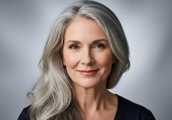 Radiant Mature Woman with Silver Hair Beauty and Confidence in Studio Portrait