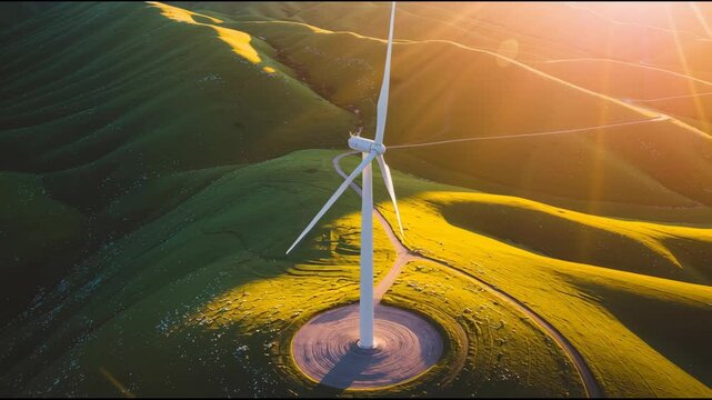 Aerial View of Wind Turbine on Green Hills at Sunset Serene and Sustainable Energy Scene with Long Shadows