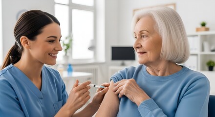 Friendly nurse giving a vaccine injection to a senior woman in a medical clinic. Concept of healthcare and preventative immunization.