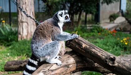 Fototapeta premium Ring-tailed Lemur Perched on a Log in a Zoo Enclosure