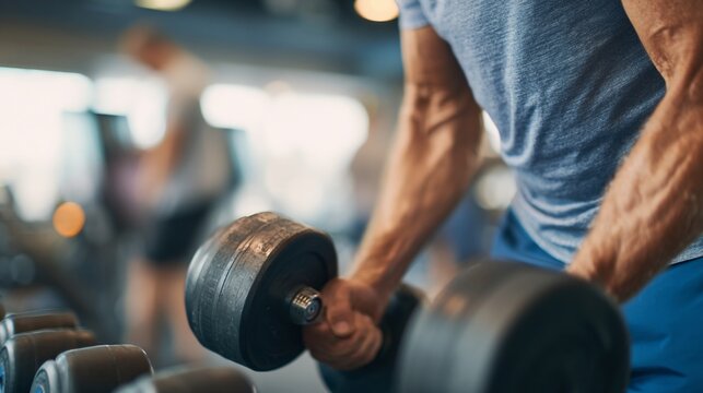 Close-up of a man's arm lifting a dumbbell in a gym setting