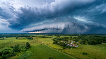 Dark, menacing clouds gather over a serene countryside, casting shadows on green fields and a small settlement as a storm approaches during late afternoon.